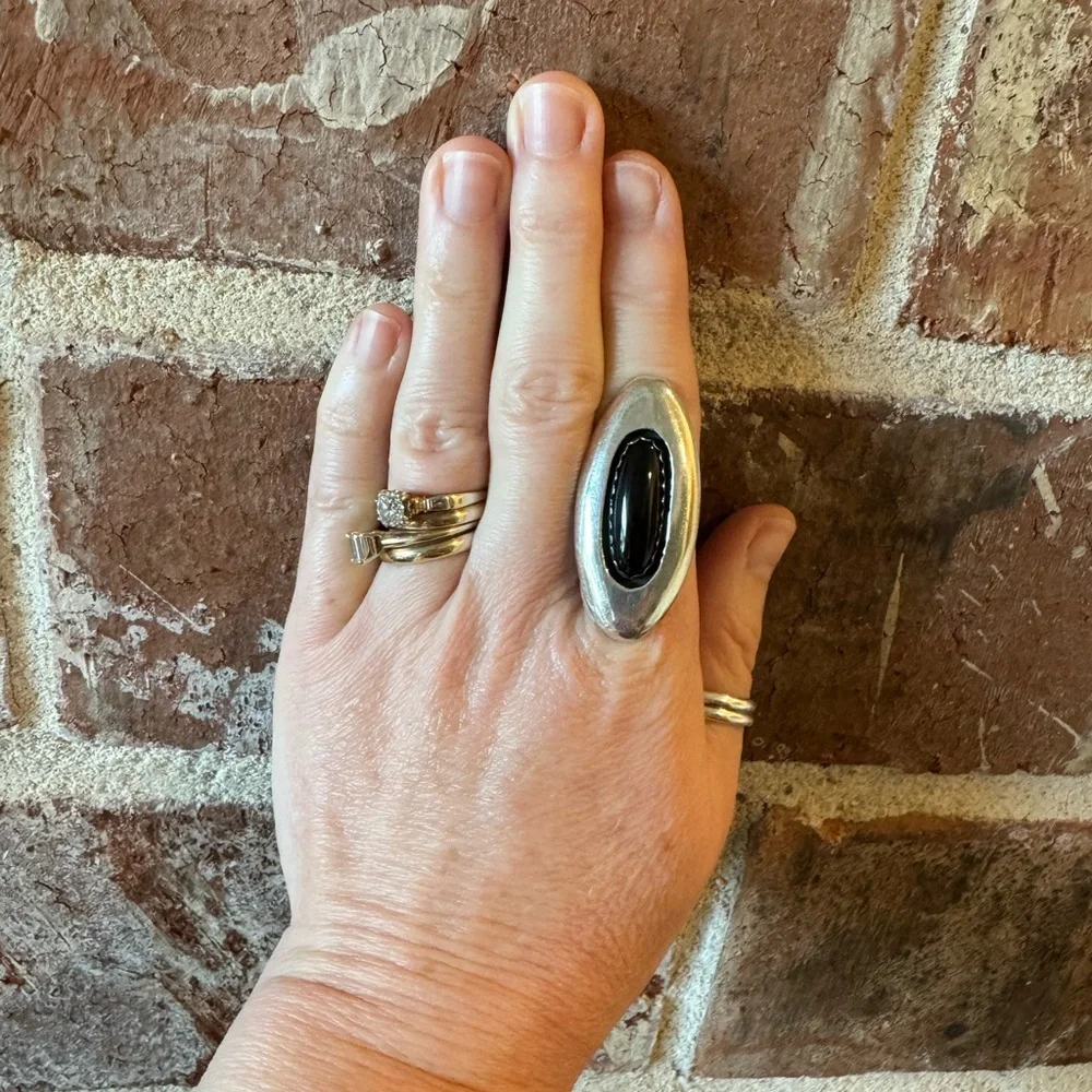 Navajo Jimmy Patterson Sterling Silver Onyx Cabochon Ring, Size 8